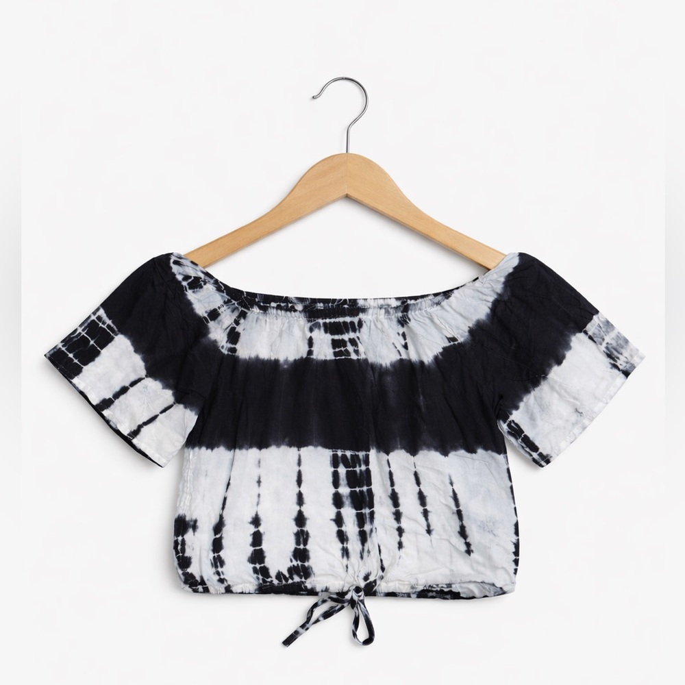 Black & White Tie-Dye Off Shoulder Crop Top Rayon Size F